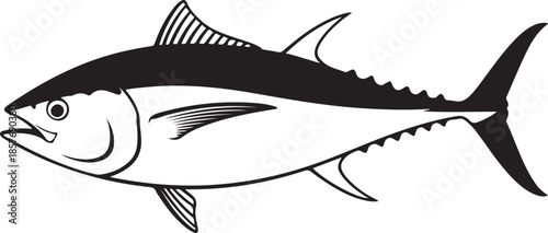 A striking black and white illustration of a streamlined tuna fish profile