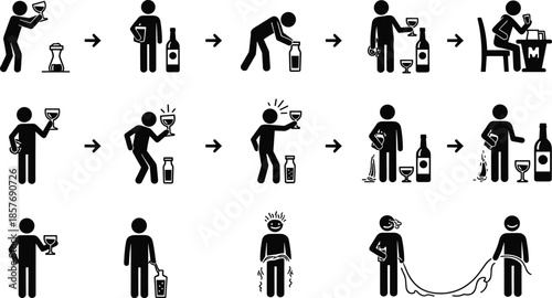 Pictogram Sequence Showing Effects Of Alcohol Consumption And Intoxication drinking drunk