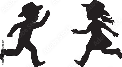 Vector silhouettes of a young cowboy and cowgirl children playing