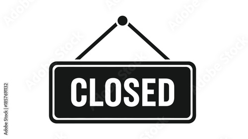 A simple black and white illustration of a closed sign hanging from two strings