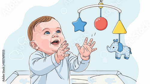 Infants Joyful Gaze at Crib Mobile with Hanging Toys.