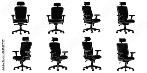 Set of eight black silhouette office chairs with adjustable headrests and wheels desk chair ergonomic chair