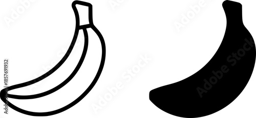 Icon, banana illustration, black and white, outline and silhouette versions