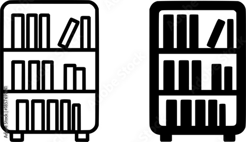 Icon, bookshelf illustration, black and white, outline and silhouette versions