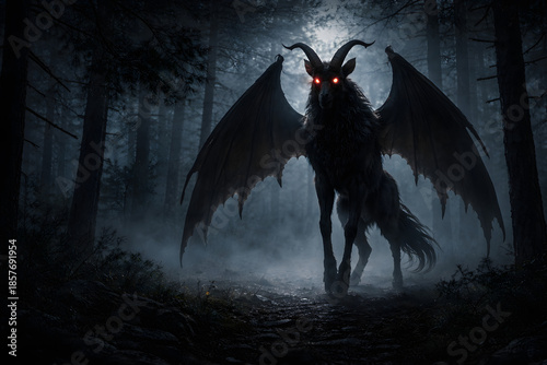 Jersey Devil Creature Standing in Dark Foggy Forest with Glowing Red Eyes