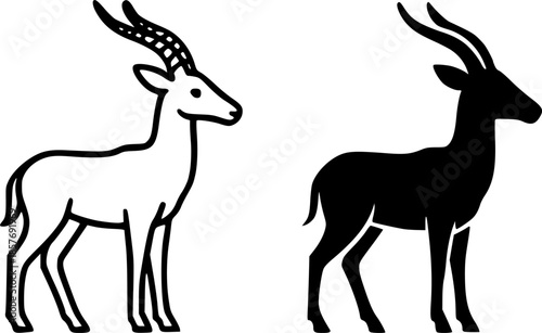Icon, antelope illustration, black and white, outline and silhouette versions