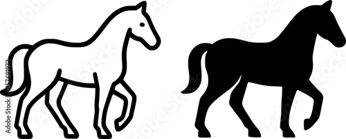 Icon, horse illustration, black and white, outline and silhouette versions