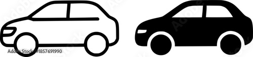 Icon, car illustration, black and white, outline and silhouette versions
