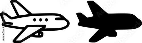 Icon, airplane illustration, black and white, outline and silhouette versions