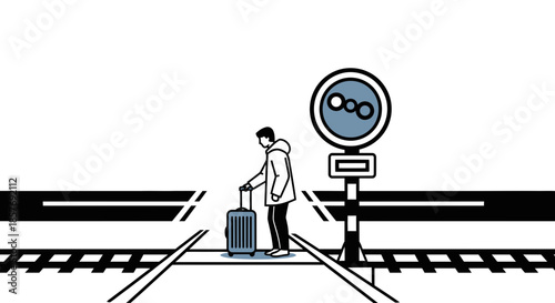 Person with Suitcase Waiting at Train Tracks Crossing with Signal
