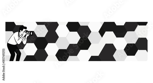 Photographer Capturing Abstract Hexagon Pattern - Black, White, Gray
