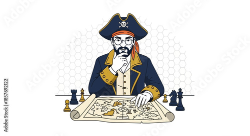 Pirate captain planning strategy with chess pieces and treasure map