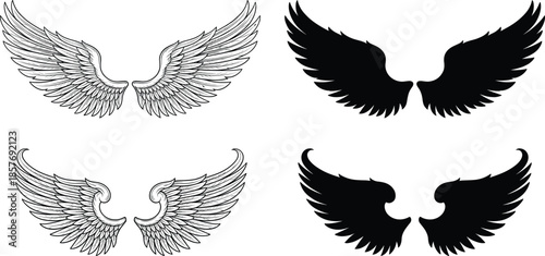 Angel wings vector set with detailed feather line art and bold silhouette designs isolated on white background for creative projects