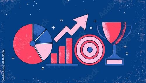 Business data and performance metrics icons featuring pie charts, bar graphs, trending arrows, and targets for financial analysis and growth reports.