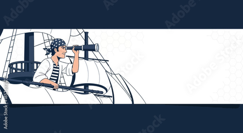Pirate Captain with Spyglass on Sailing Ship Deck, Looking Out to Sea