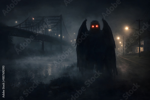 Mothman Cryptid with Glowing Red Eyes near Foggy Bridge at Night