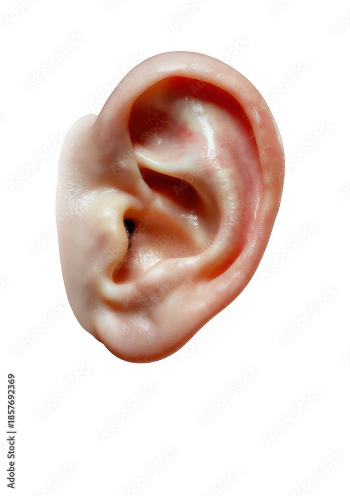 Naklejka premium Human ear with pink skin and ear canal from another angle isolated on a transparent background