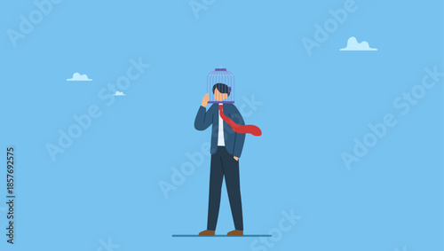 Businessman with birdcage lock his head. Limited understanding, creativity blocker, fear of challenge, bias or ego trapped, powerless or lack of intelligence.