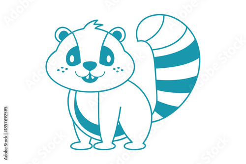 Adorable cartoon raccoon outlined in teal stands playfully against a bright white backdrop