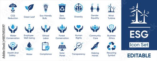 ESG and Sustainability Icon Set. Vector Glyph Icons for Corporate Responsibility, Ecology, and Social Ethics.