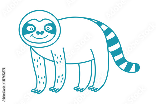 Cheerful cyancolored lemur with stripe tail stands on white, smiling widely