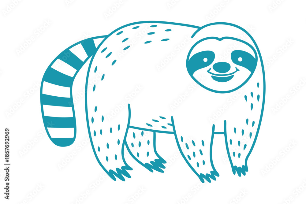 Fototapeta premium Cute turquoise sloth smiles and shows his striped tail in this drawing
