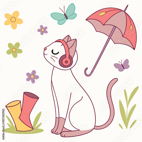 An adorable Sphynx cat with a Shy vibe, wearing headphones, and a Blooming Renewal Spring theme – SVG style