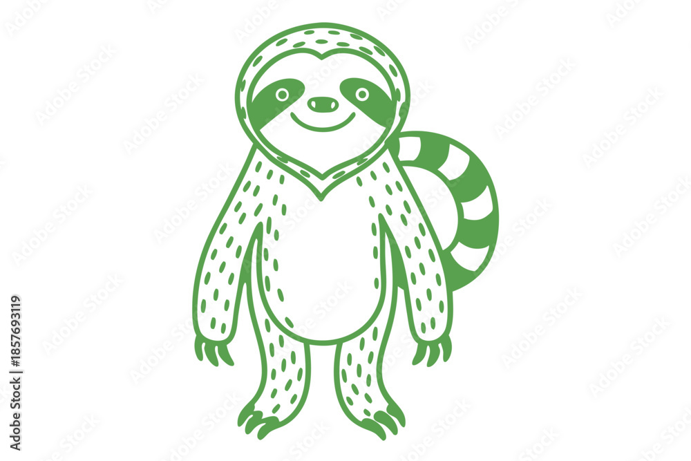 Fototapeta premium Standing cute green sloth with striped tail looks directly forward on the white backdrop