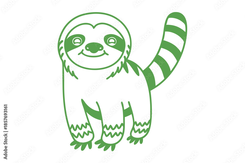 Fototapeta premium Friendly green sloth with a striped tail seems to be walking gently now