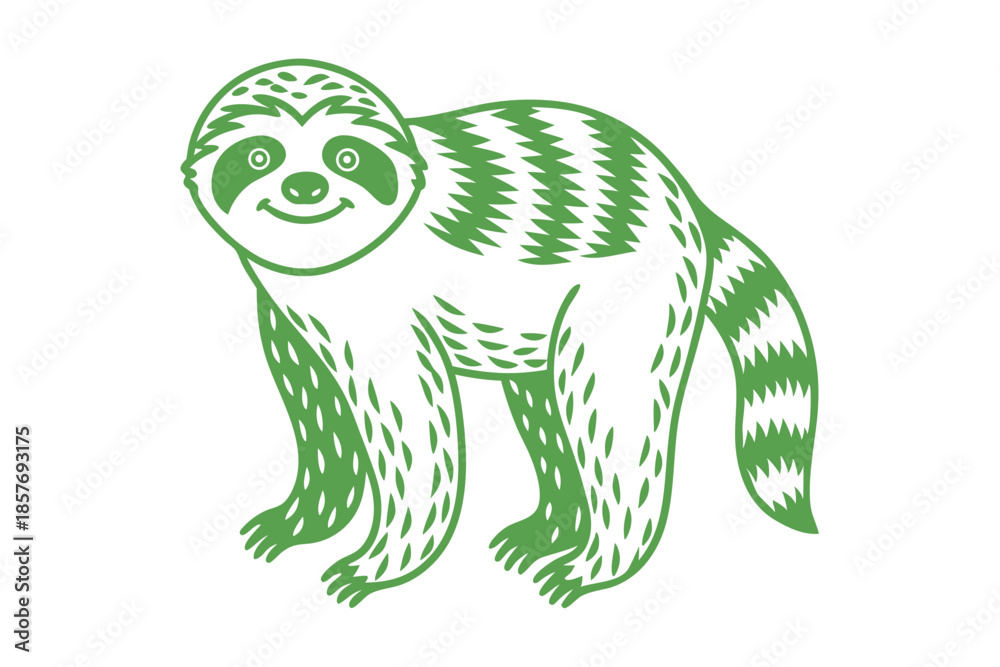 Fototapeta premium A happy, green sloth is standing and smiling on a plain white background
