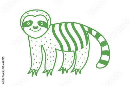 A green sloth stands smiling with stripes and spots, ready to bring joy
