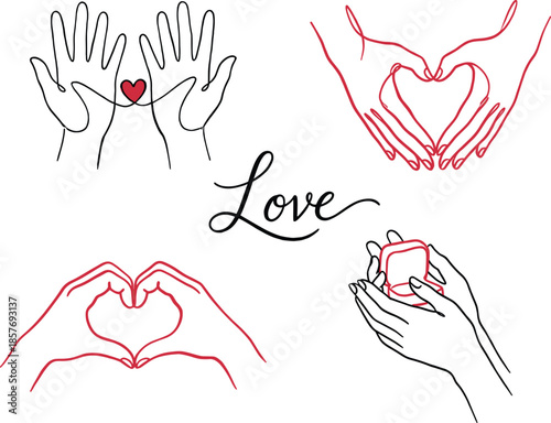 Continuous line hands forming heart love illustration set expressing care compassion romance support modern minimal red black vector design