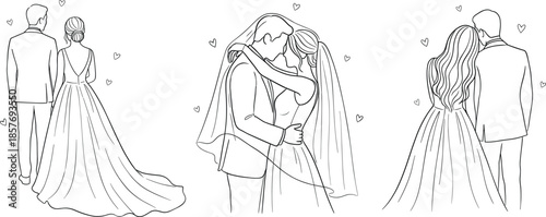 Elegant wedding couple line art illustration showing bride groom embracing walking together love moments for marriage invitation minimalist vector set