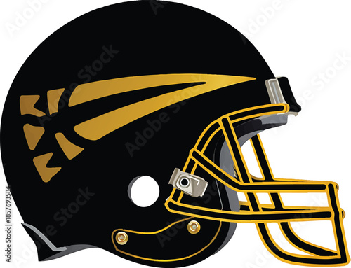 Classic black and yellow american football helmet illustration with protective facemask isolated on white background.
