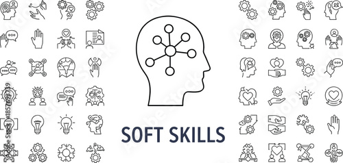 Soft skills and emotional intelligence line icon set, professional development symbols for leadership, communication, creativity and mental health vector illustration, isolated,