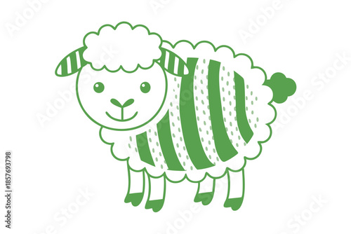 Green sheep with striped wool smiles cheerfully on a white, spotless background