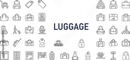 Travel luggage and baggage line icon set, suitcase, backpack and travel bags symbols, luggage claim, airport security and tourism vector illustration, isolated,