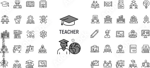 Teacher and education line icon set, school learning and academic teaching symbols, graduation cap, book, classroom lesson and global knowledge vector, isolated,