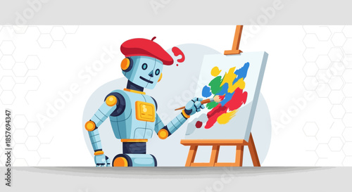 Robot Artist Painting Abstract Artwork on Canvas with Easel and Brush