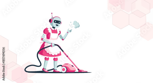 Robot Maid Cleaning with Vacuum Cleaner, Futuristic Housekeeping Concept