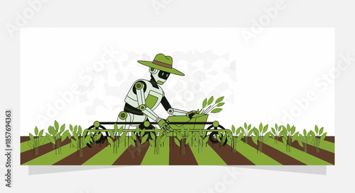 Robot farmer cultivating crops in a field, modern agriculture technology