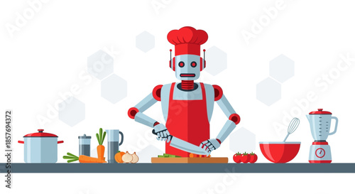 Robot Chef Cooking Food with Kitchen Appliances and Ingredients, Futuristic Technology Concept