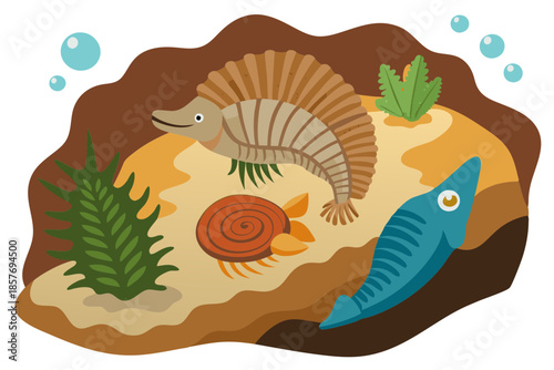 Prehistoric Sea Creature Fossils Geological Vector Illustration