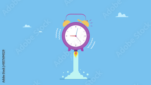 Ringing alarm clock with rocket booster successfully launching high into the sky. Time to start new business, entrepreneurship to launch project or time management.