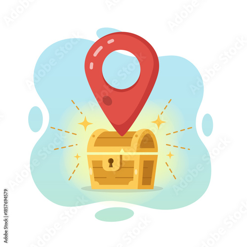 Flat design vector illustration of a glowing treasure chest reward beneath a location pin marker suitable for empty state ui UX concepts