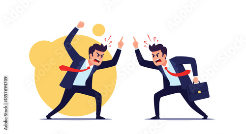 Two angry businessmen in suits shouting and pointing at each other, representing conflict, argument, disagreement, or competition.