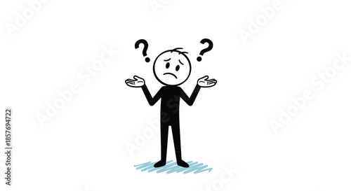 Confused stick figure character shrugging with question marks above the head, symbolizing doubt, uncertainty, or not knowing the answer.