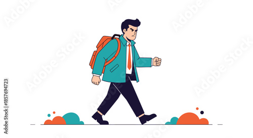 Determined and angry-looking man with a backpack walking forward with purpose, illustrating a journey with a serious goal.
