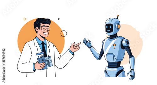 Smiling male scientist in a lab coat interacting with a friendly android robot, symbolizing innovation in robotics and artificial intelligence.
