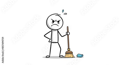 Angry and frustrated stick figure character holding a broom and sponge, clearly annoyed about having to do cleaning chores.
